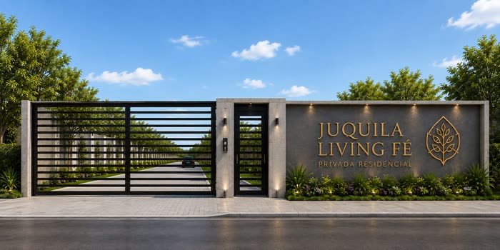 Render de la fachada de acceso de Juquila Living Fé: portón vehicular negro de herrería, puerta peatonal y muro de piedra con el logotipo dorado del desarrollo entre jardineras