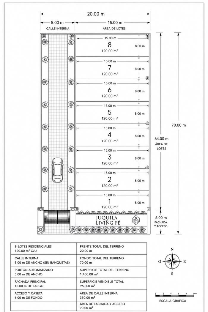 Plano de lotificación de Juquila Living Fé: los ocho lotes de 120 metros cuadrados, 15,00 por 8,00 metros cada uno, repartidos a lo largo de la calle privada de 5,00 metros