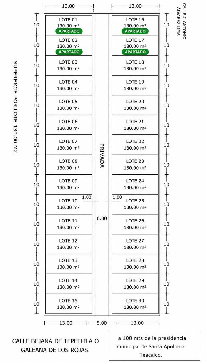 Plano de lotificación de Santa Apolonia: treinta lotes de 130 metros cuadrados en dos bloques de quince, separados por la privada de 6,00 metros con banquetas de 1,00 metro a cada lado, sobre la calle J. Antonio Álvarez Lima, a 100 metros de la presidencia municipal de Santa Apolonia Teacalco