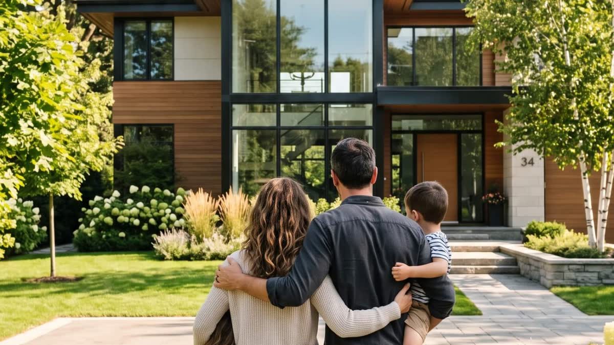 Familia de espaldas frente a su nueva casa